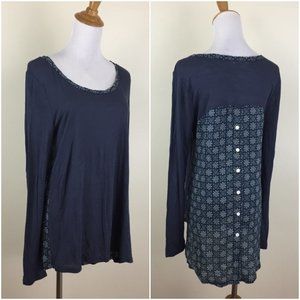 NWOT COMME TOI Dark Blue White Print Mixed Fabric High Low Button Back Shirt